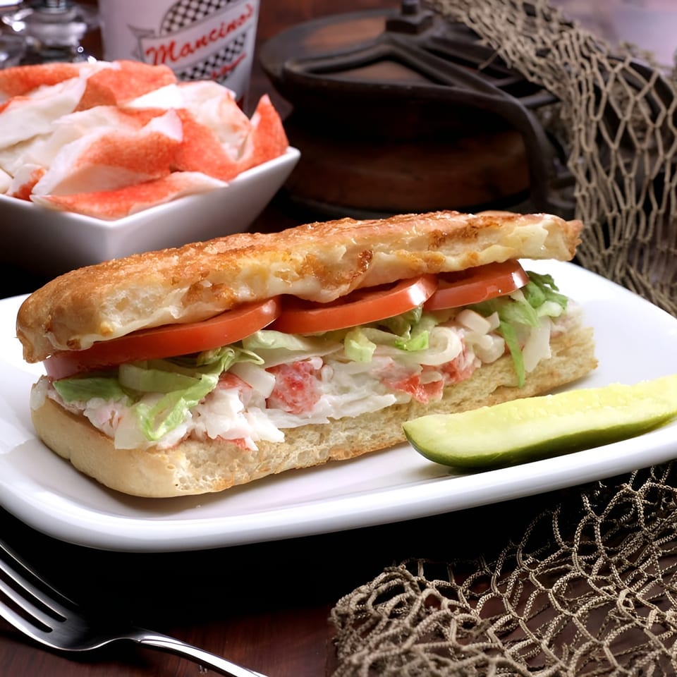 Mancino's crab and cheese sub with lettuce, tomato, and a pickle spear on a white plate.